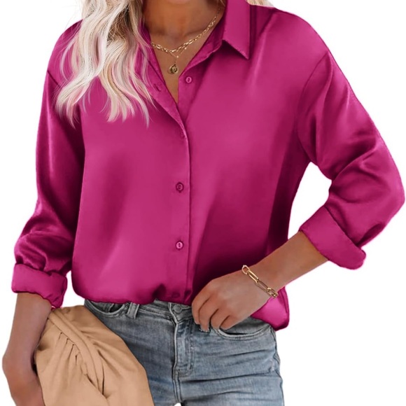 Chigant Women's Blouse Satin Silk Shirts Button Down Shirts Casual Loose - Picture 1 of 5
